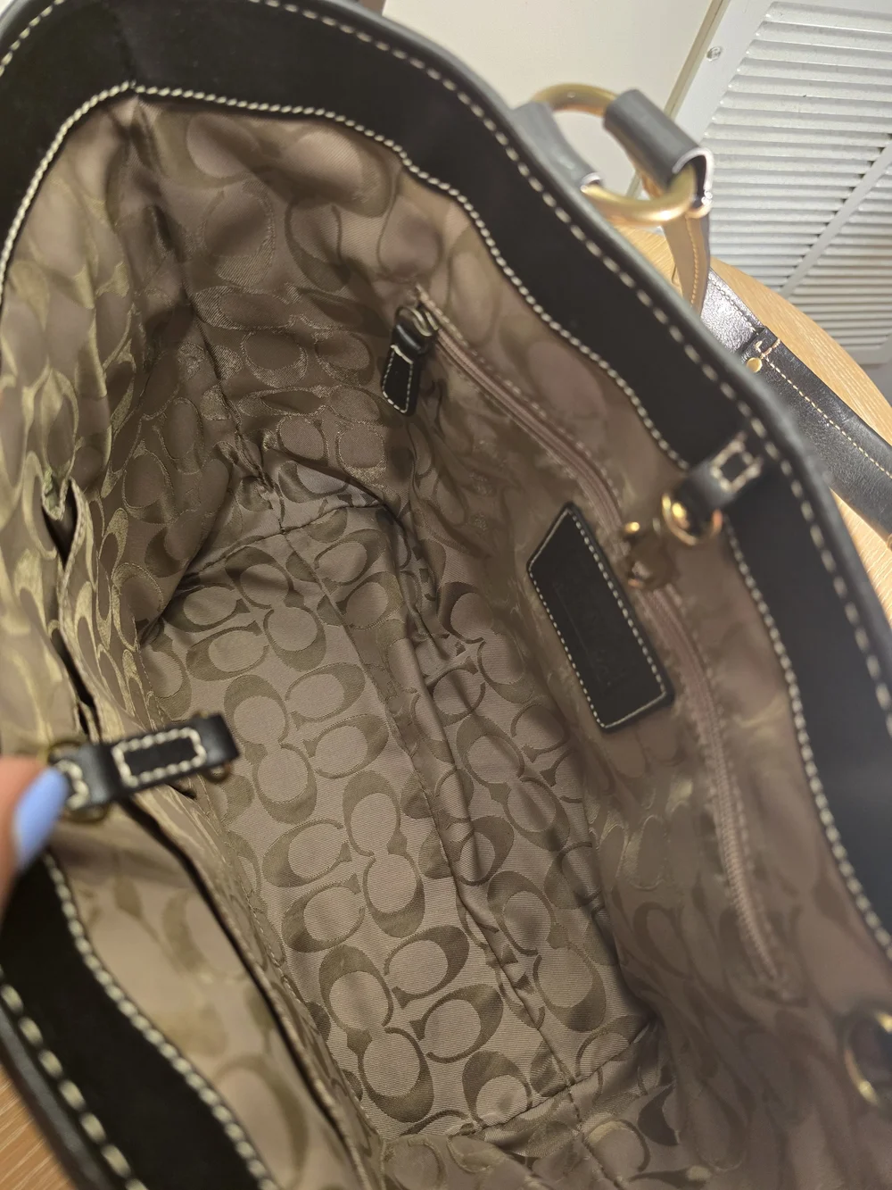 Coach Beige Straw Tote with Black Leather Trim